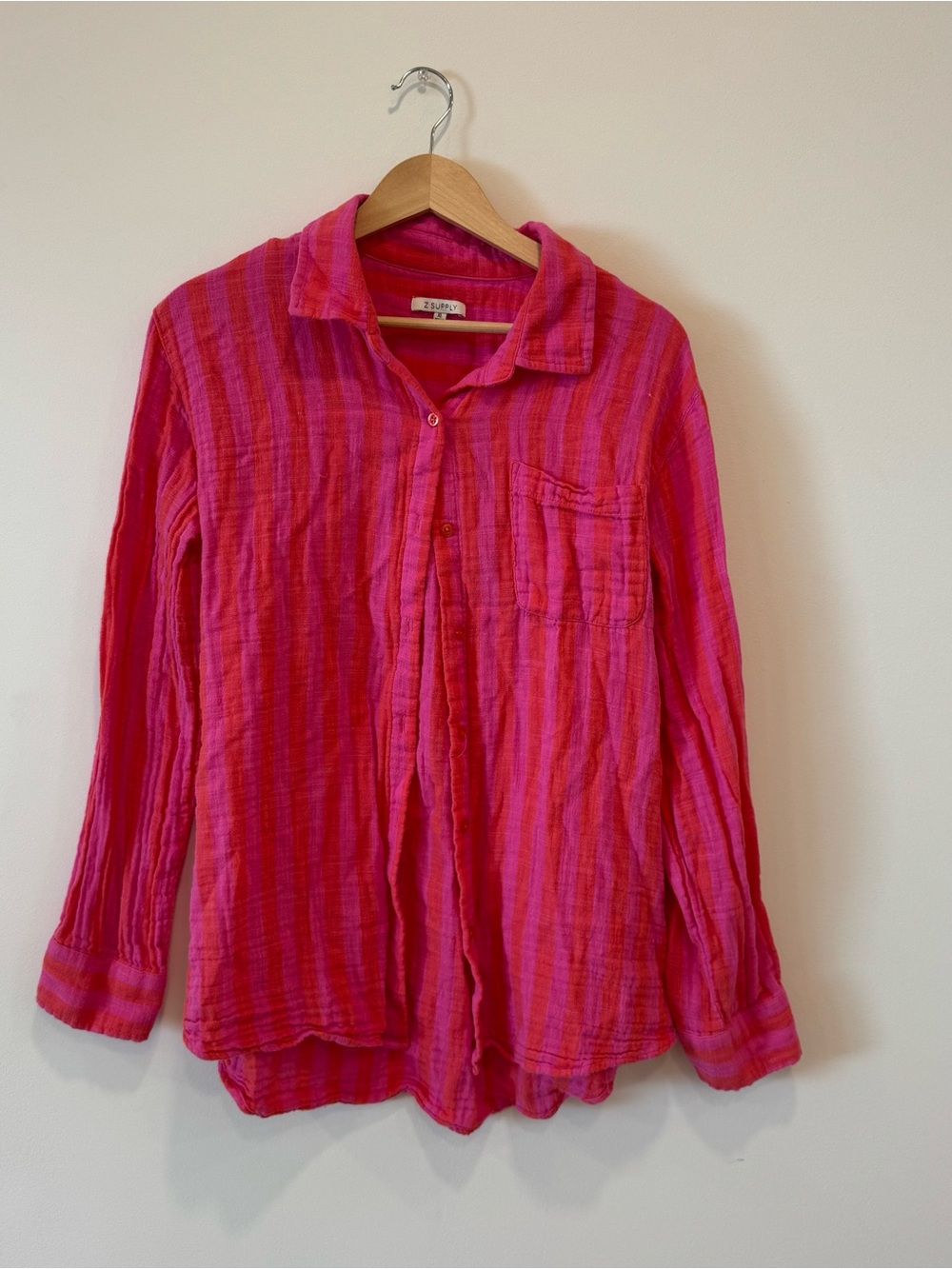 Z Supply Button Down Muslin Type Swim Cover Up Hot Pink Striped